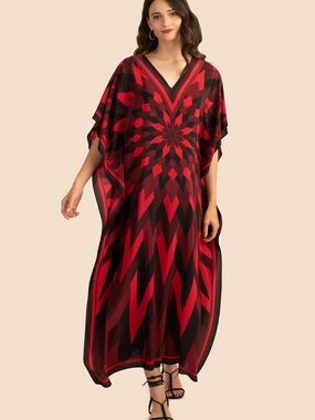 Trina Turk 100% Silk Red & Black V-Neck Geometric Kaftan M/L
